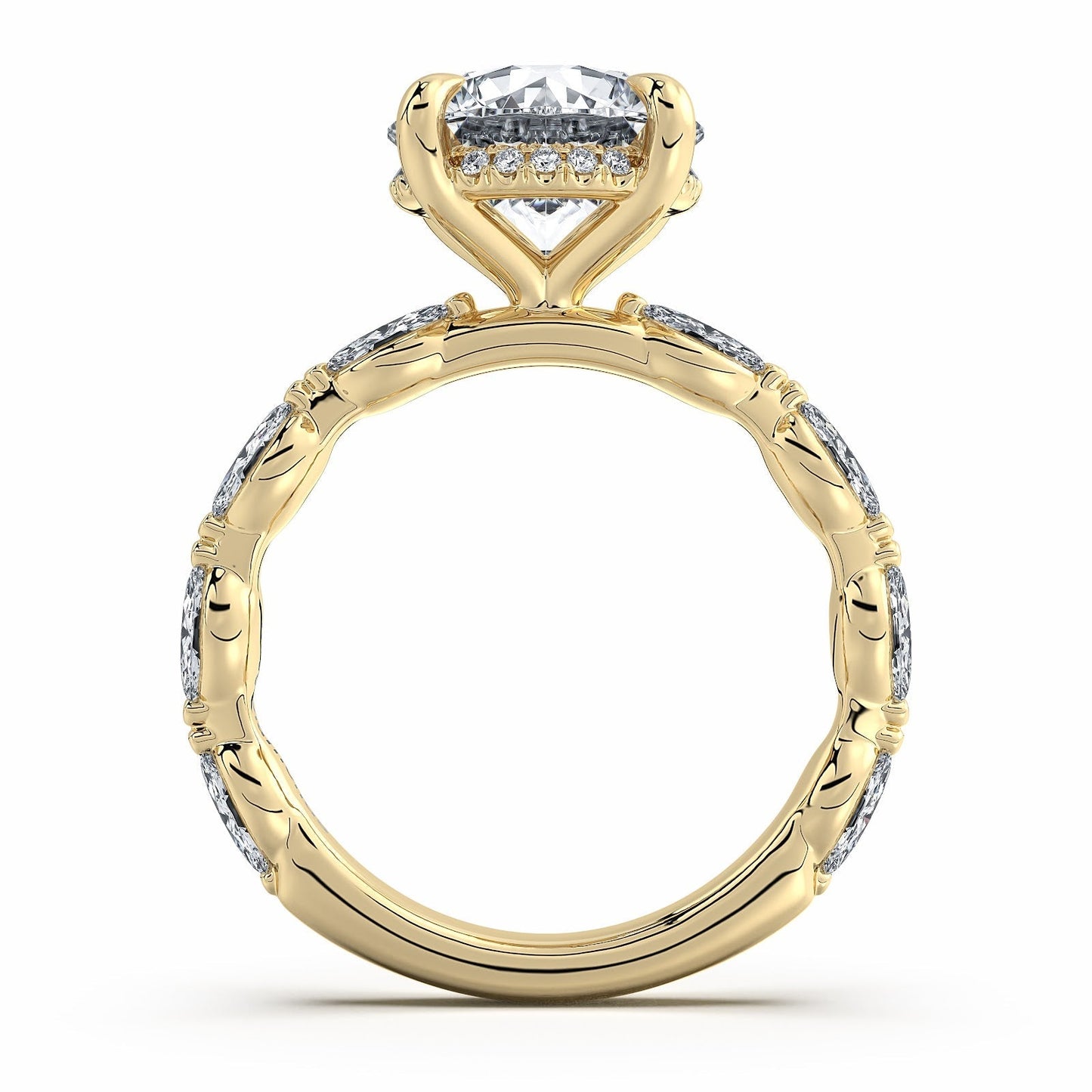 Yellow Gold Round Diamond Engagement Ring with Marquise Side Stone Band | Waco Diamonds Is Located In Waco, TX | Central Texas' #1 Engagement Ring Store With Lifetime Warranty