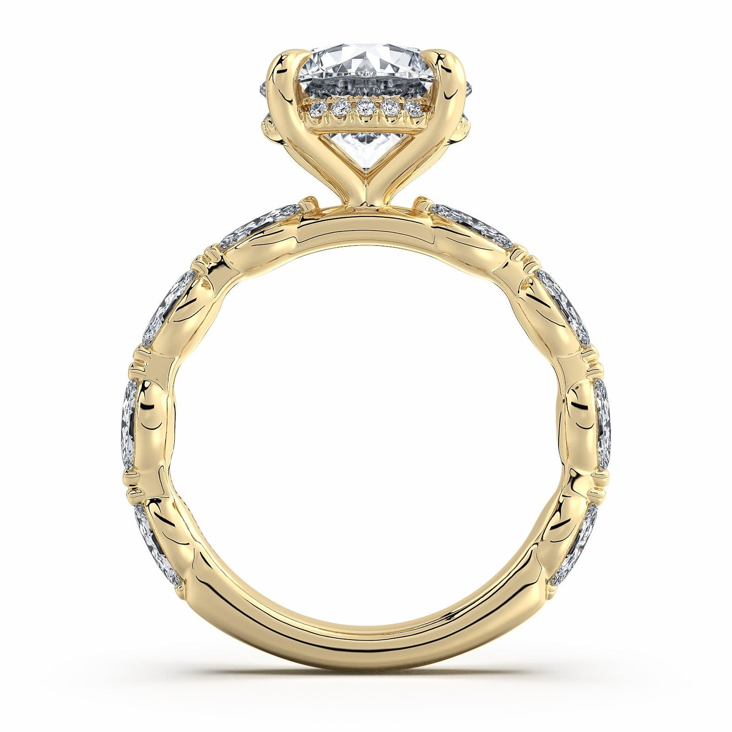 Yellow Gold Round Diamond Engagement Ring with Marquise Side Stone Band Profile View | Waco Diamonds Is Located In Waco, TX | Central Texas' #1 Engagement Ring Store With Lifetime Warranty