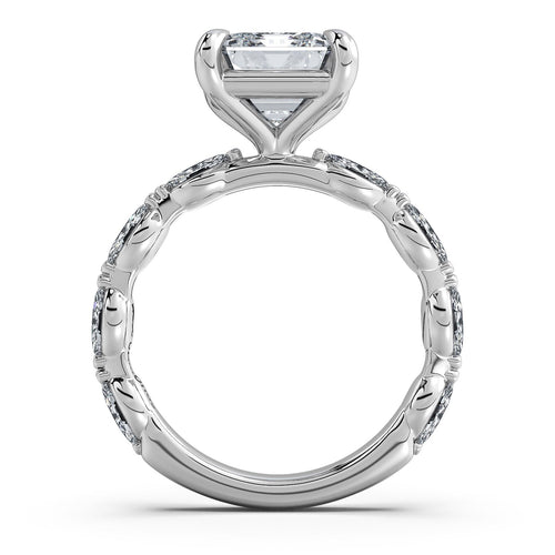 Load image 1 in gallery view. White Gold Emerald Diamond Engagement Ring with Marquise Side Stone Band Profile View | Waco Diamonds Is Located In Waco, TX | Central Texas' #1 Engagement Ring Store With Lifetime Warranty