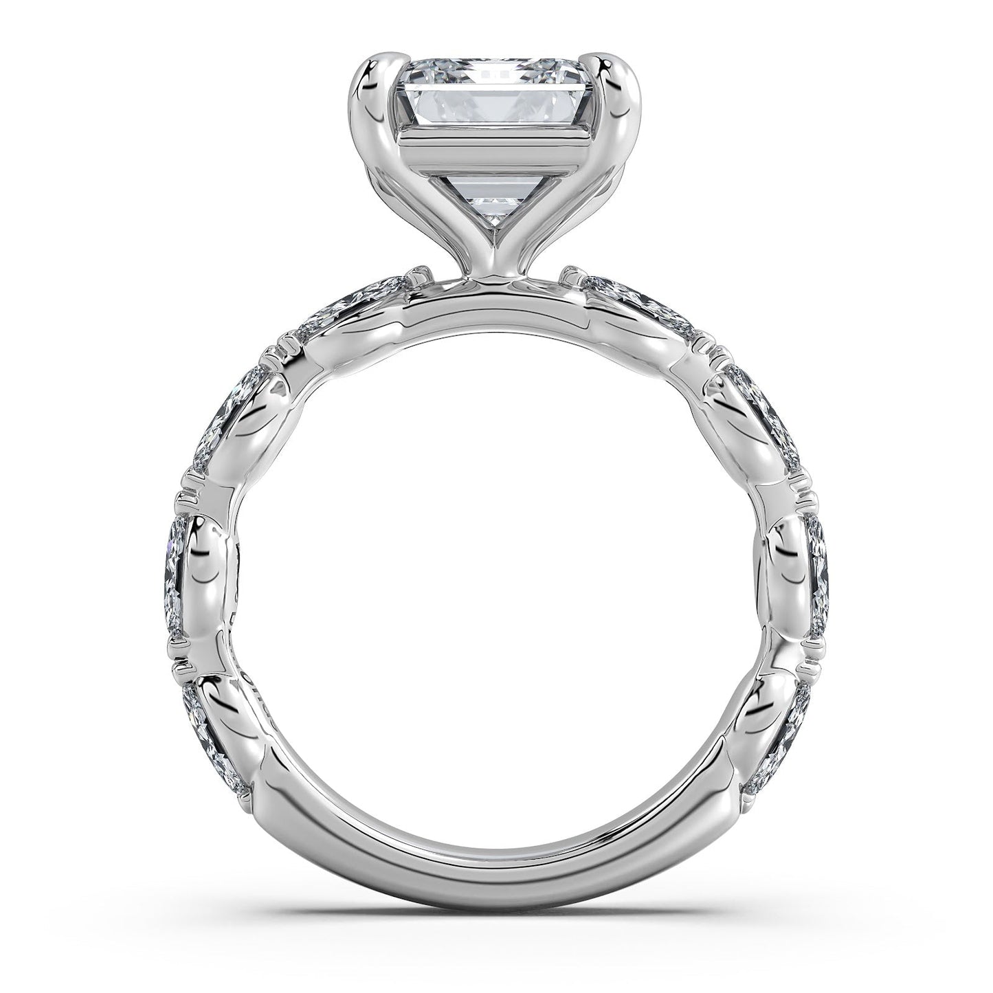 White Gold Emerald Diamond Engagement Ring with Marquise Side Stone Band | Waco Diamonds Is Located In Waco, TX | Central Texas' #1 Engagement Ring Store With Lifetime Warranty