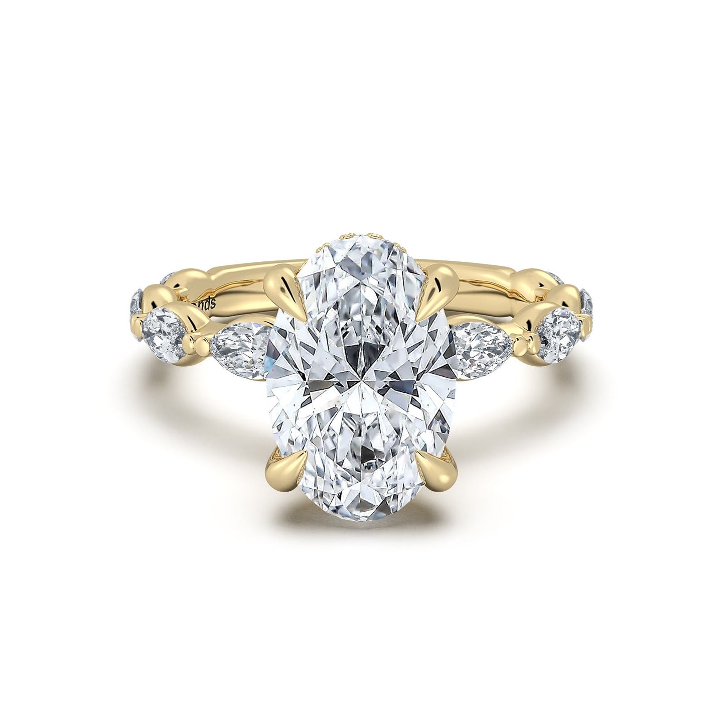 Yellow Gold Oval Diamond Engagement Ring with Marquise Side Stone Band | Waco Diamonds Is Located In Waco, TX | Central Texas' #1 Engagement Ring Store With Lifetime Warranty