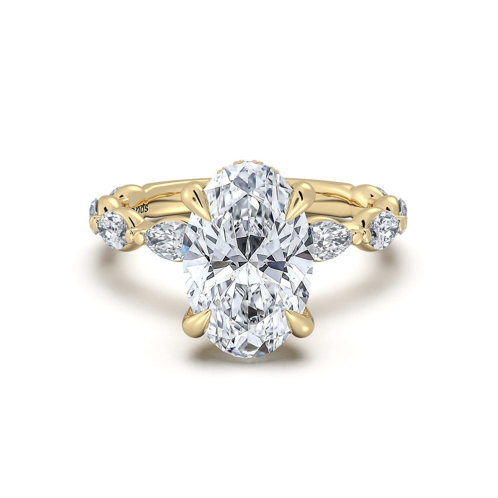 Yellow Gold Oval Diamond Engagement Ring with Marquise Side Stone Band | Waco Diamonds Is Located In Waco, TX | Central Texas' #1 Engagement Ring Store With Lifetime Warranty