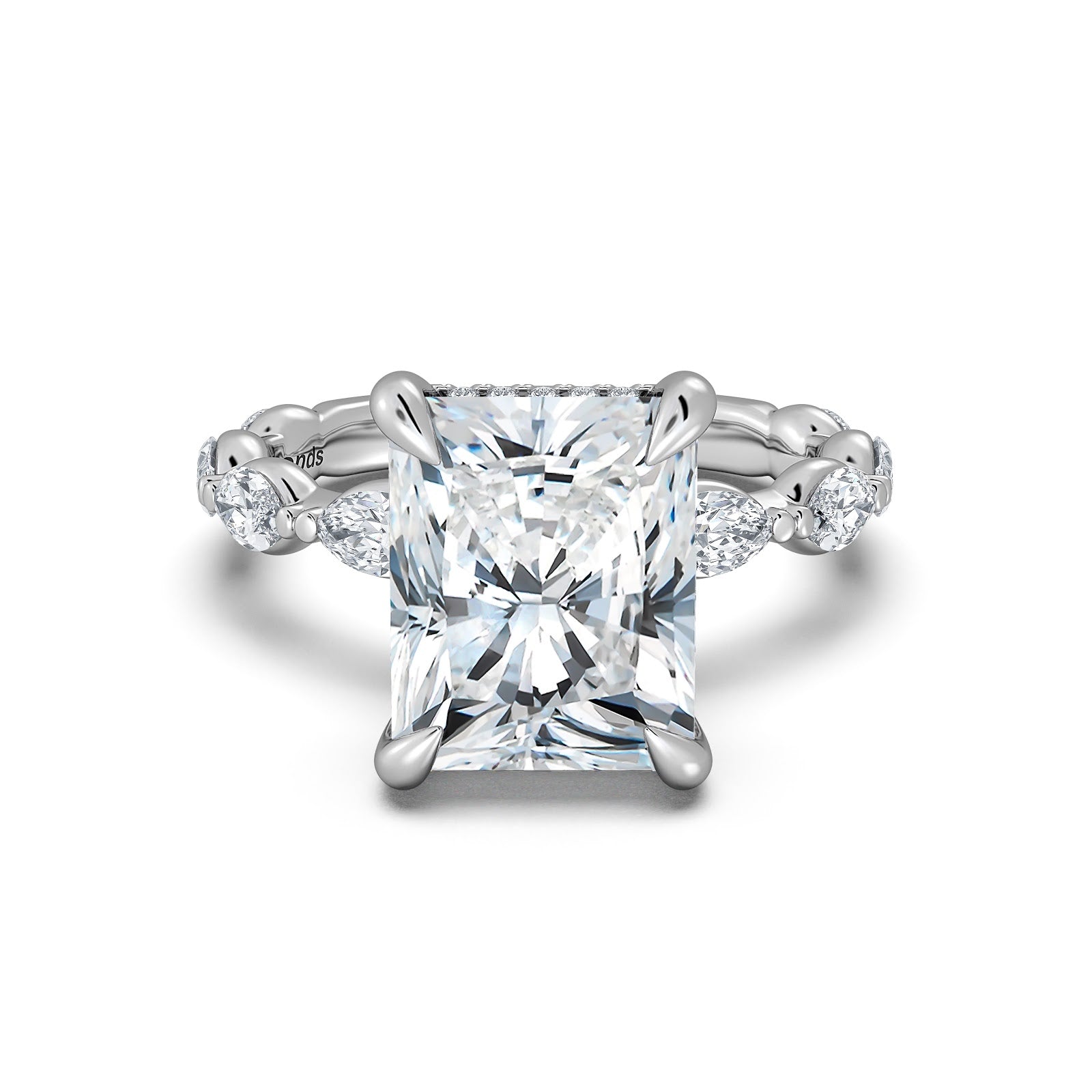 White Gold Radiant Diamond Engagement Ring with Marquise Side Stone Band | Waco Diamonds Is Located In Waco, TX | Central Texas' #1 Engagement Ring Store With Lifetime Warranty
