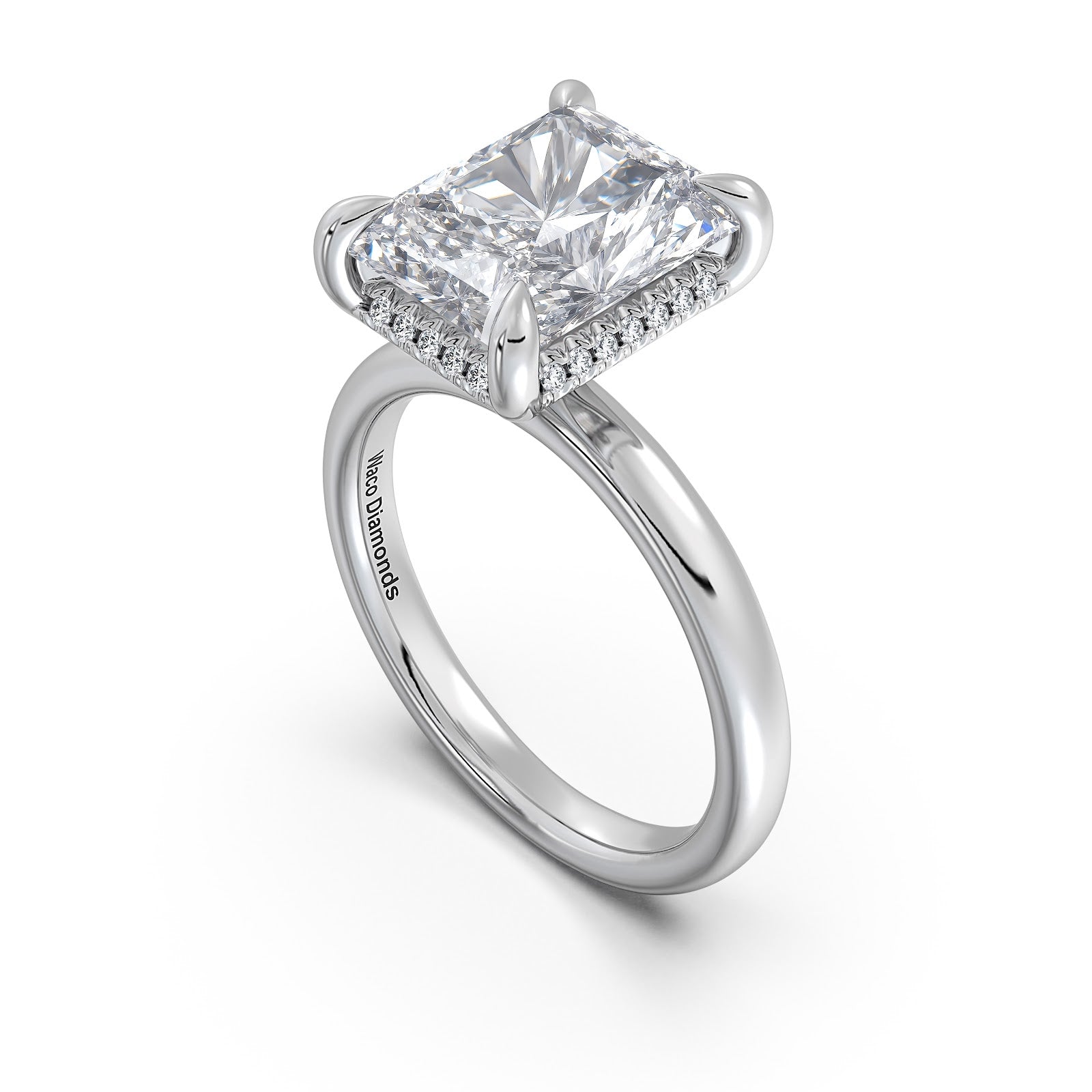 White Gold Radiant Diamond Engagement Ring with Solitaire Band Side Profile | Waco Diamonds Is Located In Waco, TX | Central Texas' #1 Engagement Ring Store With Lifetime Warranty