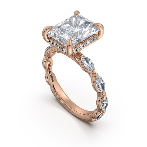 Load image 1 in gallery view. Rose Gold Radiant Diamond Engagement Ring with Marquise Side Stone Band Side Profile | Waco Diamonds Is Located In Waco, TX | Central Texas' #1 Engagement Ring Store With Lifetime Warranty