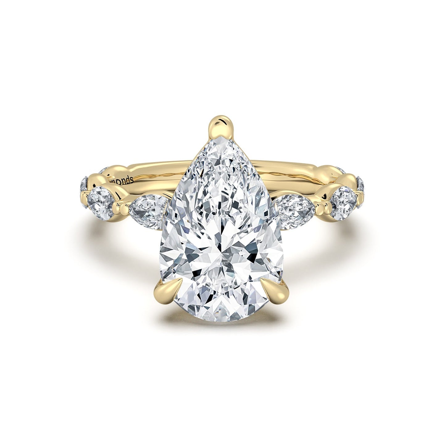 Yellow Gold Pear Diamond Engagement Ring with Marquise Side Stone Band | Waco Diamonds Is Located In Waco, TX | Central Texas' #1 Engagement Ring Store With Lifetime Warranty