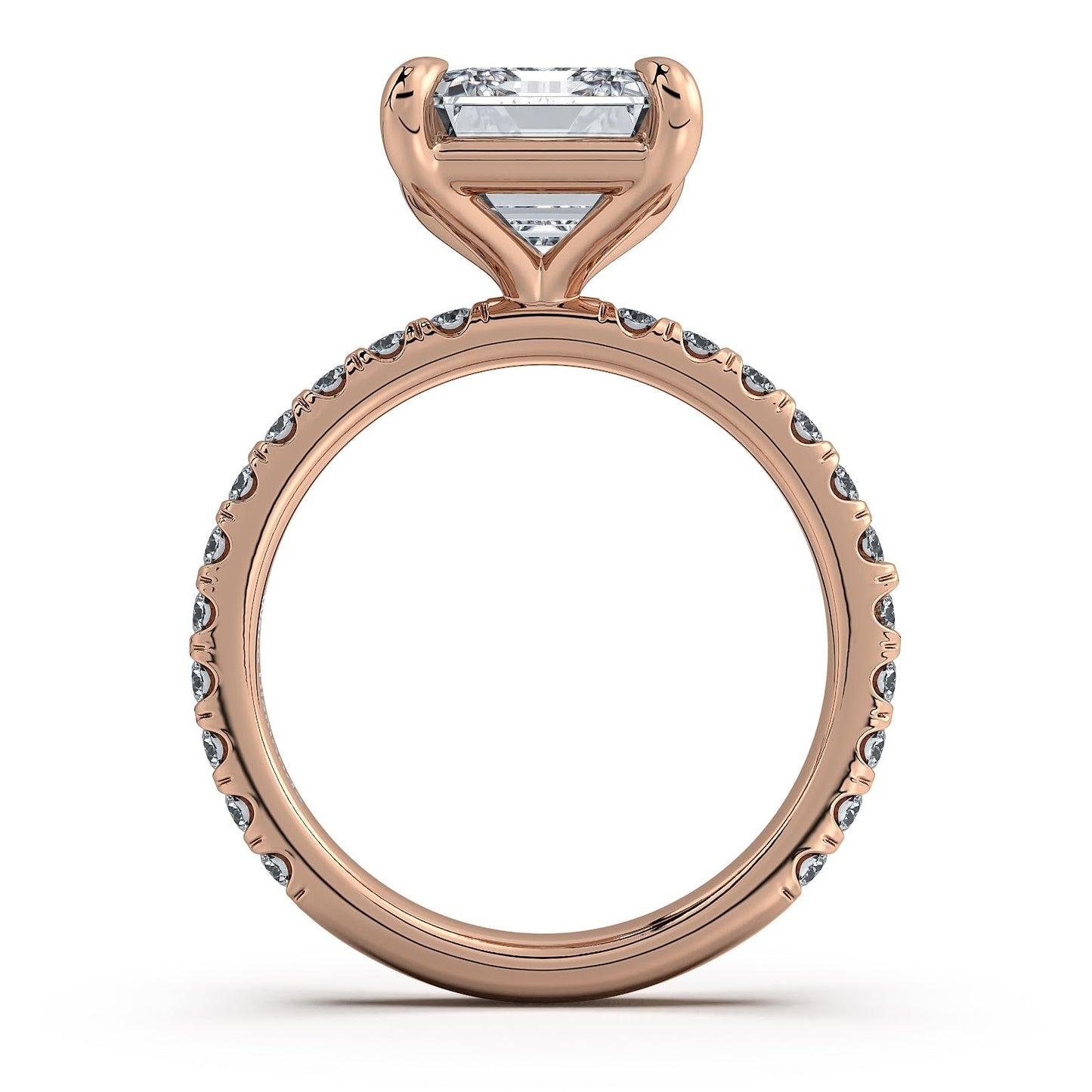 Rose Gold Emerald Diamond Engagement Ring with Pave Band Profile View | Waco Diamonds Is Located In Waco, TX | Central Texas' #1 Engagement Ring Store With Lifetime Warranty