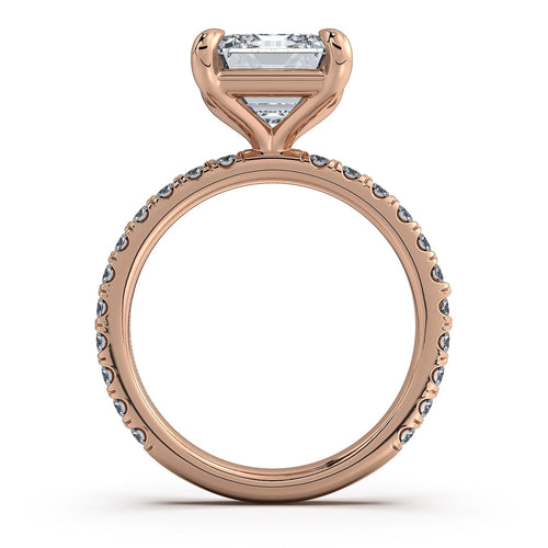 Load image 1 in gallery view. Rose Gold Emerald Diamond Engagement Ring with Pave Band Profile View | Waco Diamonds Is Located In Waco, TX | Central Texas' #1 Engagement Ring Store With Lifetime Warranty