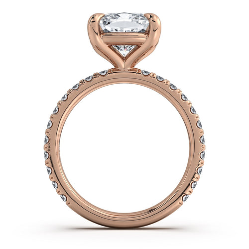 Load image 1 in gallery view. Rose Gold Cushion Diamond Engagement Ring with Pave Band Profile View | Waco Diamonds Is Located In Waco, TX | Central Texas' #1 Engagement Ring Store With Lifetime Warranty