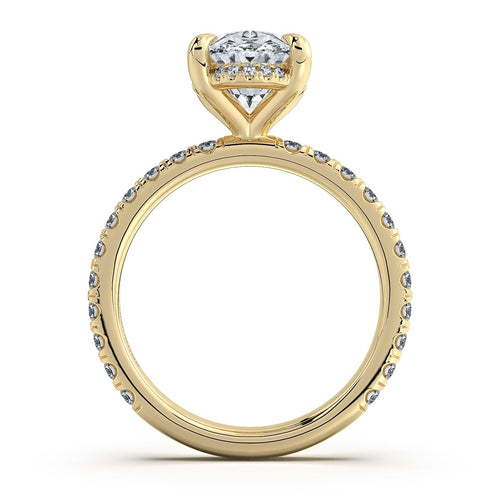 Load image 1 in gallery view. Yellow Gold Oval Diamond Engagement Ring with Pave Band Profile View | Waco Diamonds Is Located In Waco, TX | Central Texas' #1 Engagement Ring Store With Lifetime Warranty
