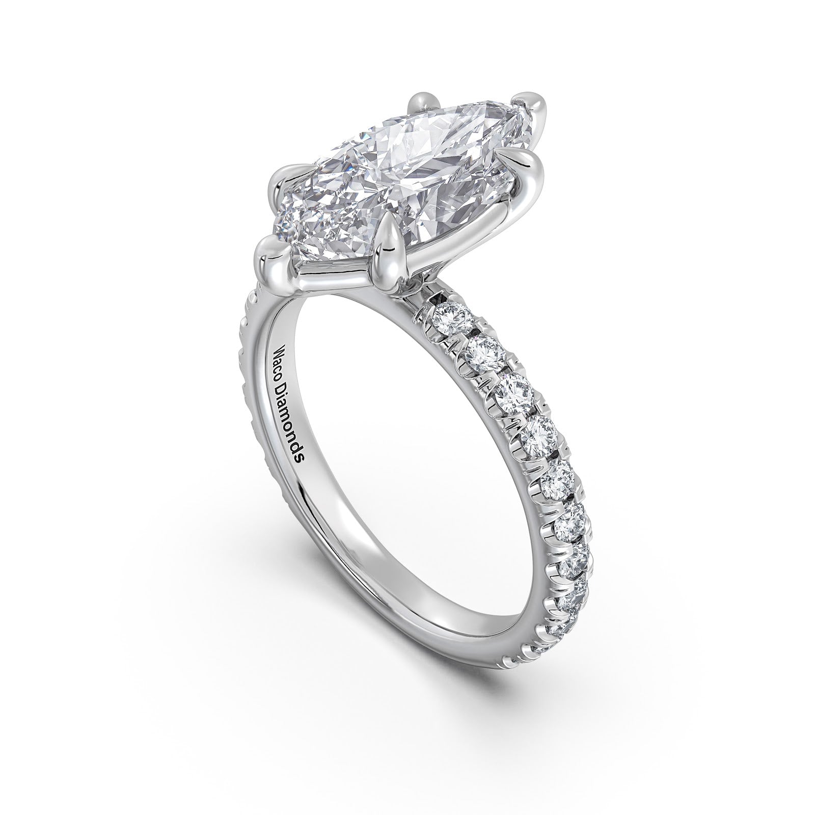 White Gold Marquise Diamond Engagement Ring with Pave Band Side Profile | Waco Diamonds Is Located In Waco, TX | Central Texas' #1 Engagement Ring Store With Lifetime Warranty