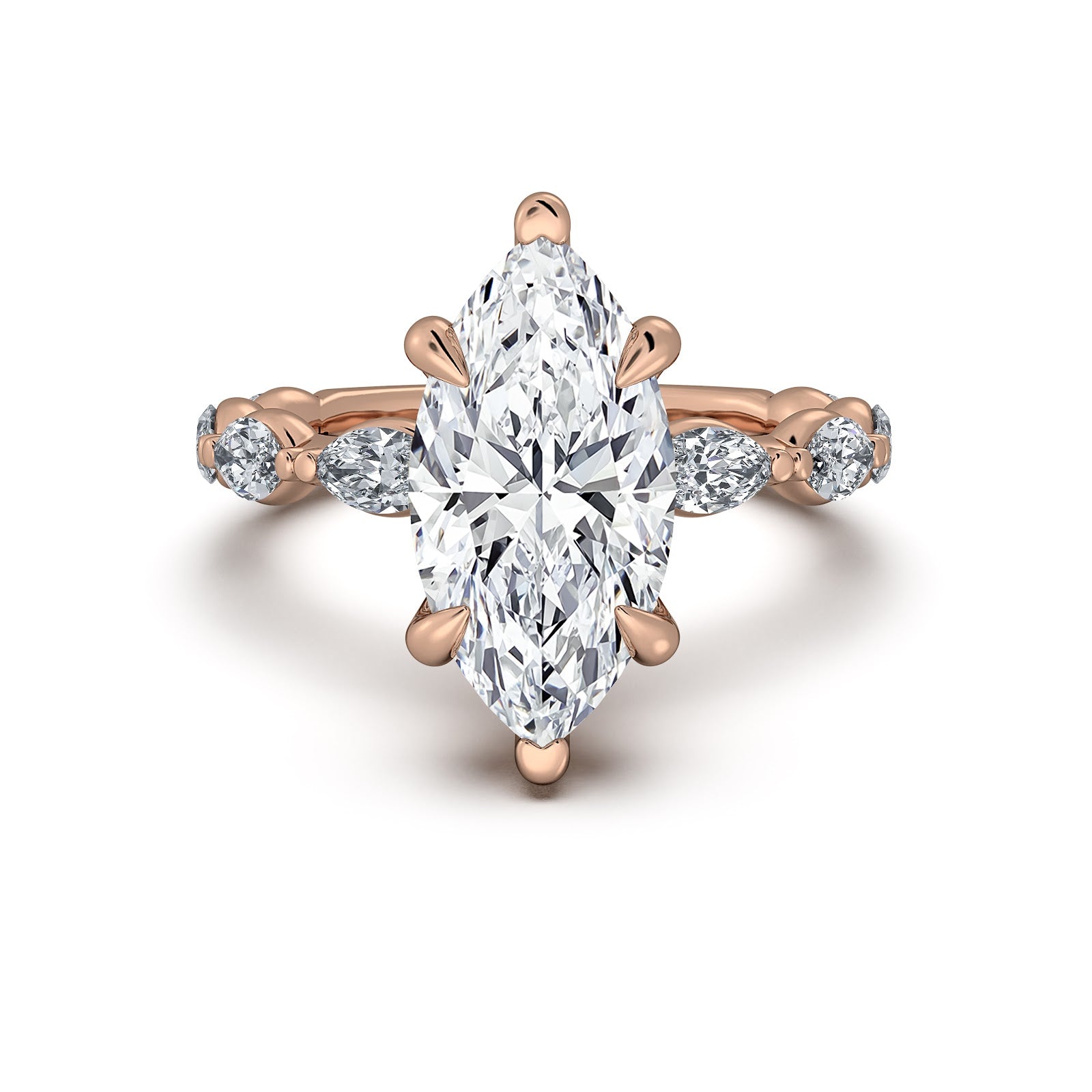 Rose Gold Marquise Diamond Engagement Ring with Marquise Side Stone Band | Waco Diamonds Is Located In Waco, TX | Central Texas' #1 Engagement Ring Store With Lifetime Warranty