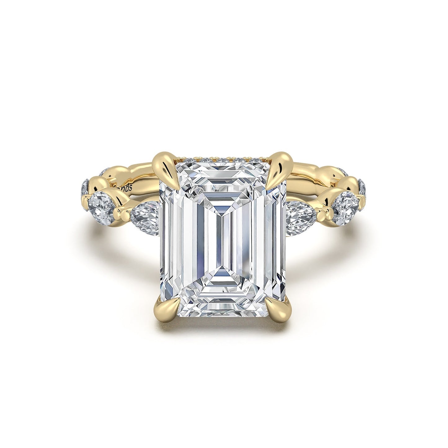 Yellow Gold Emerald Diamond Engagement Ring with Marquise Side Stone Band | Waco Diamonds Is Located In Waco, TX | Central Texas' #1 Engagement Ring Store With Lifetime Warranty