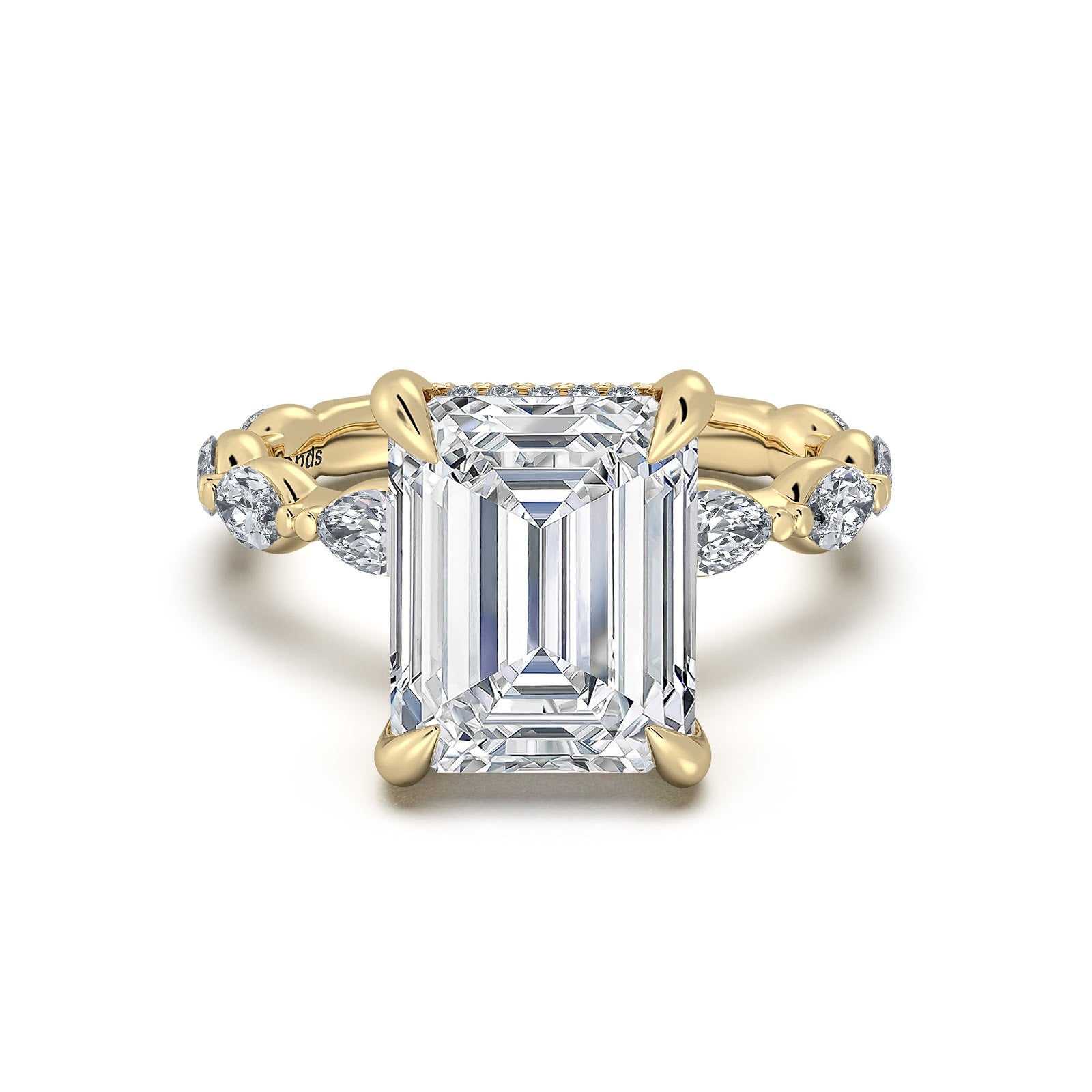 Yellow Gold Emerald Diamond Engagement Ring with Marquise Side Stone Band | Waco Diamonds Is Located In Waco, TX | Central Texas' #1 Engagement Ring Store With Lifetime Warranty