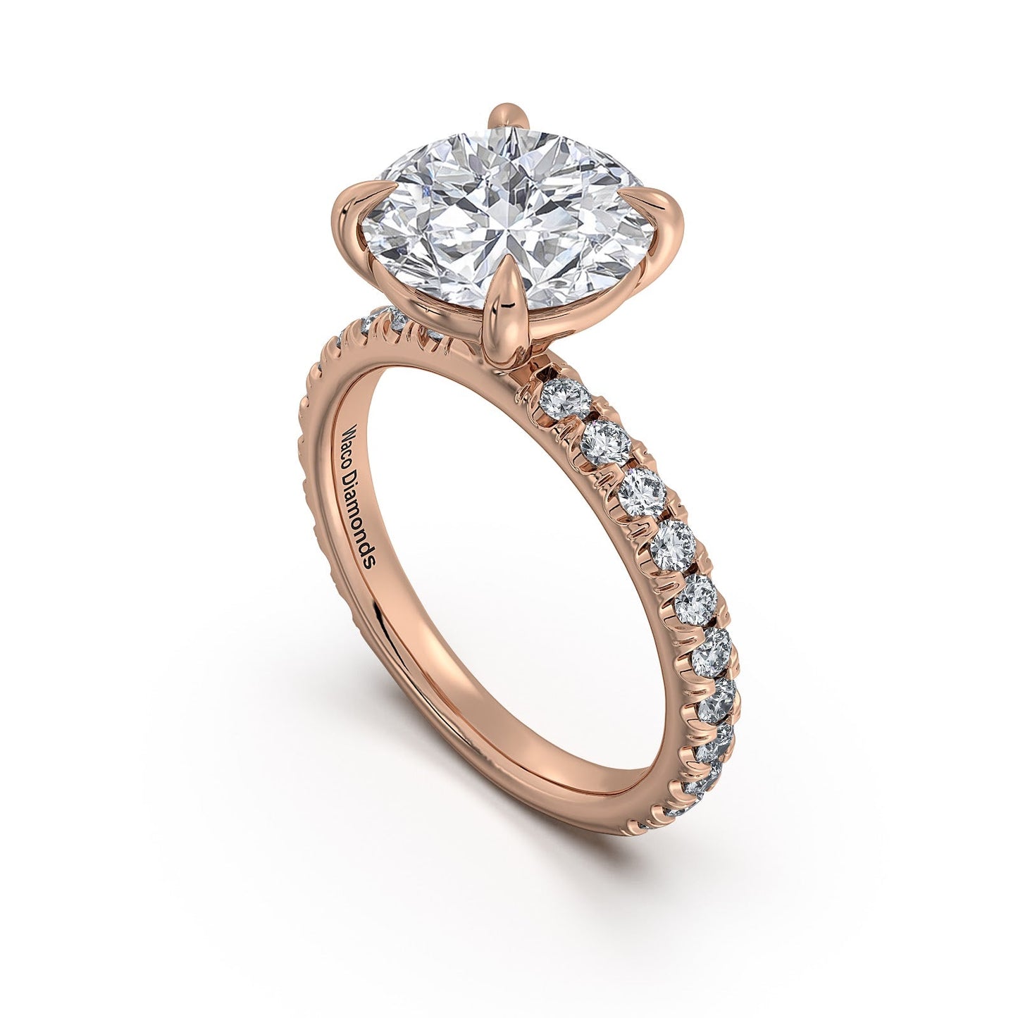 Rose Gold Round Diamond Engagement Ring with Pave Band Side Profile | Waco Diamonds Is Located In Waco, TX | Central Texas' #1 Engagement Ring Store With Lifetime Warranty