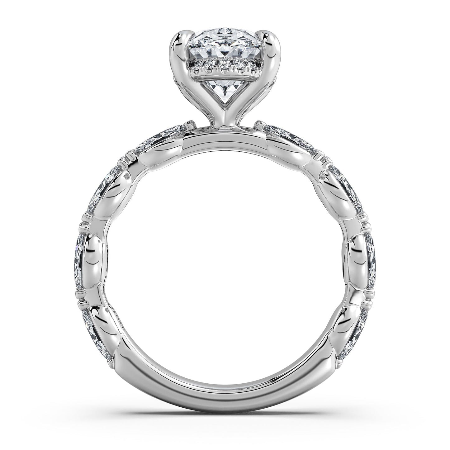 White Gold Oval Diamond Engagement Ring with Marquise Side Stone Band | Waco Diamonds Is Located In Waco, TX | Central Texas' #1 Engagement Ring Store With Lifetime Warranty
