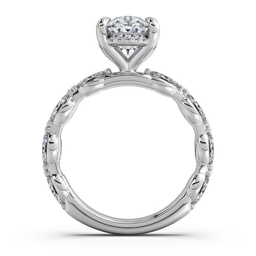 Load image 1 in gallery view. White Gold Oval Diamond Engagement Ring with Marquise Side Stone Band Profile View | Waco Diamonds Is Located In Waco, TX | Central Texas' #1 Engagement Ring Store With Lifetime Warranty