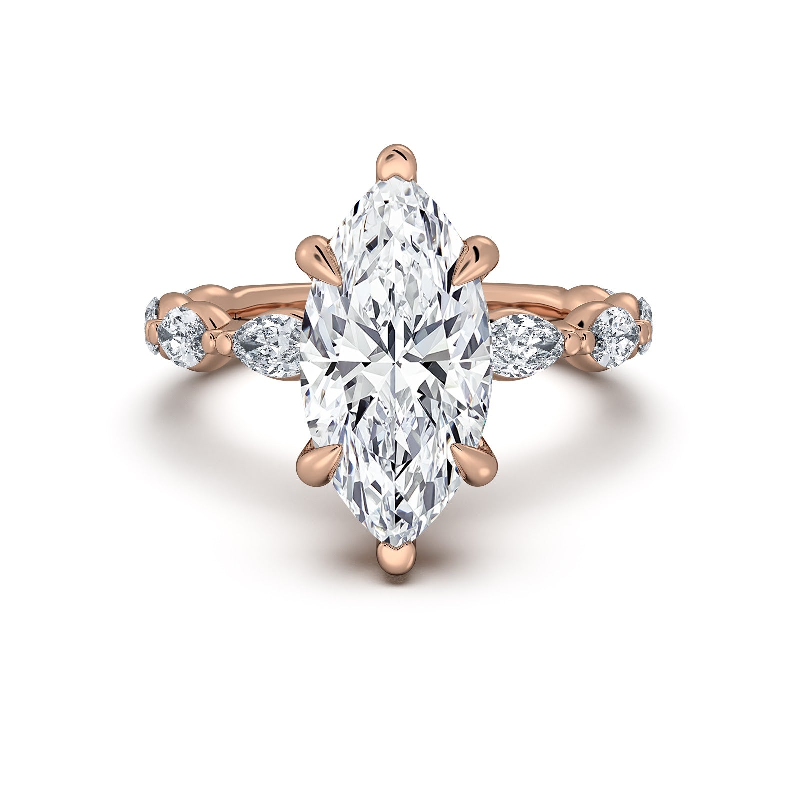 Rose Gold Marquise Diamond Engagement Ring with Marquise Side Stone Band | Waco Diamonds Is Located In Waco, TX | Central Texas' #1 Engagement Ring Store With Lifetime Warranty