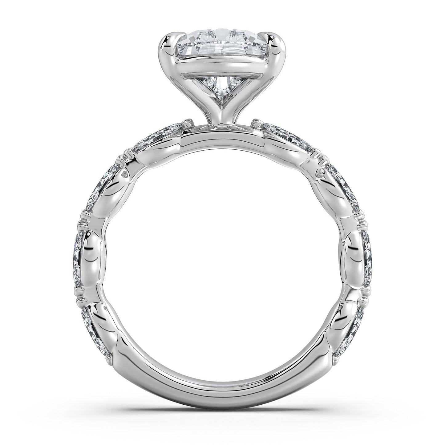 White Gold Pear Diamond Engagement Ring with Marquise Side Stone Band Profile View | Waco Diamonds Is Located In Waco, TX | Central Texas' #1 Engagement Ring Store With Lifetime Warranty