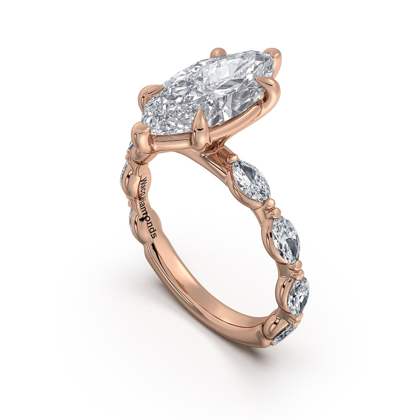 Rose Gold Marquise Diamond Engagement Ring with Marquise Side Stone Band Side Profile | Waco Diamonds Is Located In Waco, TX | Central Texas' #1 Engagement Ring Store With Lifetime Warranty
