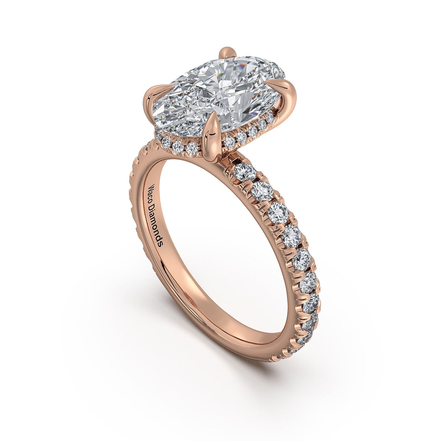 Rose Gold Oval Diamond Engagement Ring with Pave Band Side Profile | Waco Diamonds Is Located In Waco, TX | Central Texas' #1 Engagement Ring Store With Lifetime Warranty