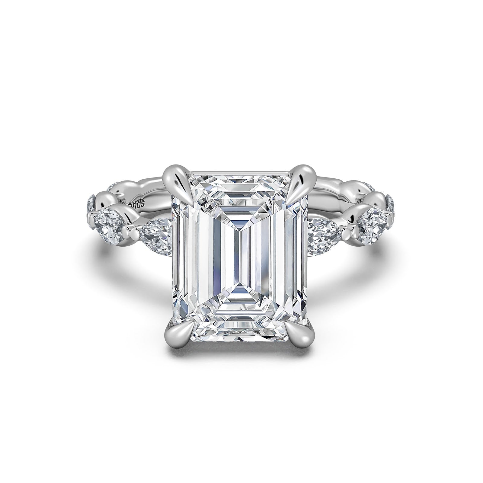 White Gold Emerald Diamond Engagement Ring with Marquise Side Stone Band | Waco Diamonds Is Located In Waco, TX | Central Texas' #1 Engagement Ring Store With Lifetime Warranty