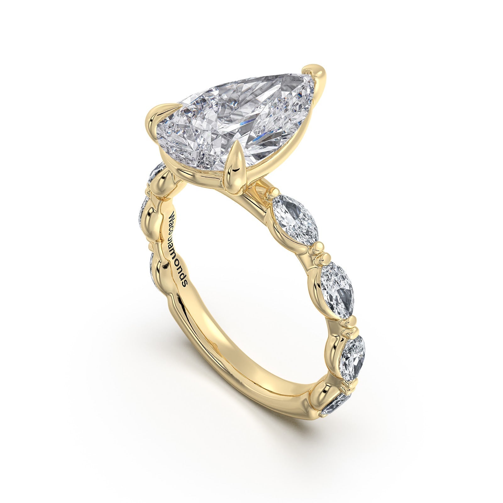 Yellow Gold Pear Diamond Engagement Ring with Marquise Side Stone Band Side Profile | Waco Diamonds Is Located In Waco, TX | Central Texas' #1 Engagement Ring Store With Lifetime Warranty
