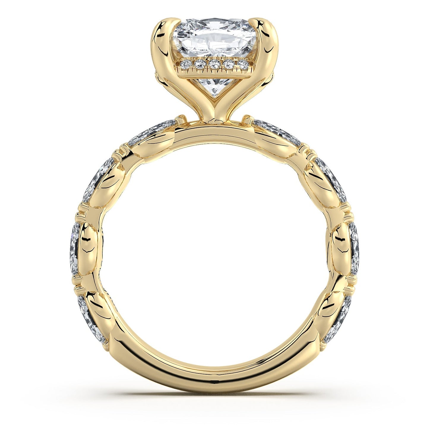 Yellow Gold Cushion Diamond Engagement Ring with Marquise Side Stone Band Profile View | Waco Diamonds Is Located In Waco, TX | Central Texas' #1 Engagement Ring Store With Lifetime Warranty