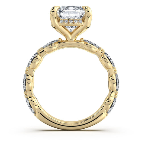 Load image 1 in gallery view. Yellow Gold Cushion Diamond Engagement Ring with Marquise Side Stone Band Profile View | Waco Diamonds Is Located In Waco, TX | Central Texas' #1 Engagement Ring Store With Lifetime Warranty