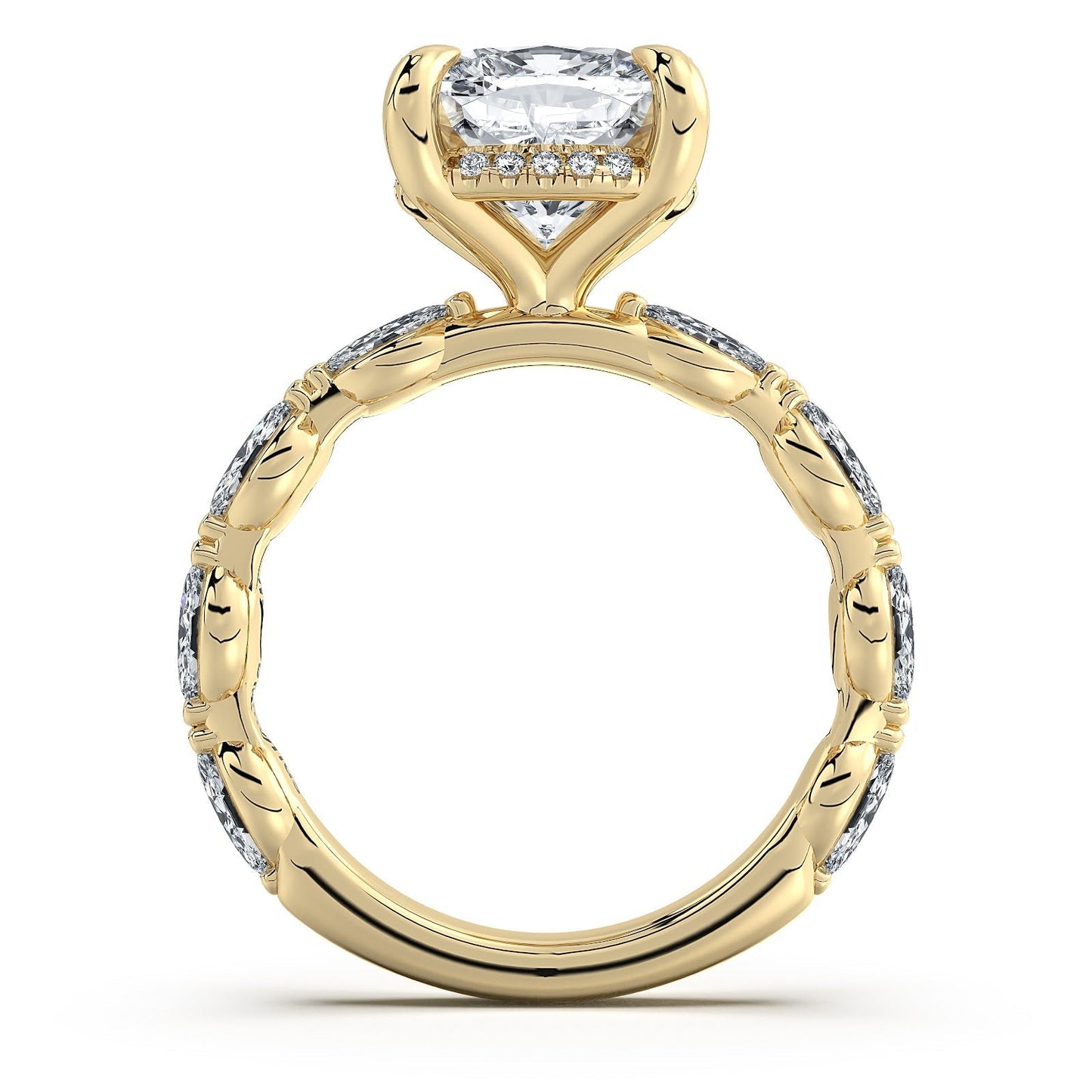 Yellow Gold Cushion Diamond Engagement Ring with Marquise Side Stone Band | Waco Diamonds Is Located In Waco, TX | Central Texas' #1 Engagement Ring Store With Lifetime Warranty