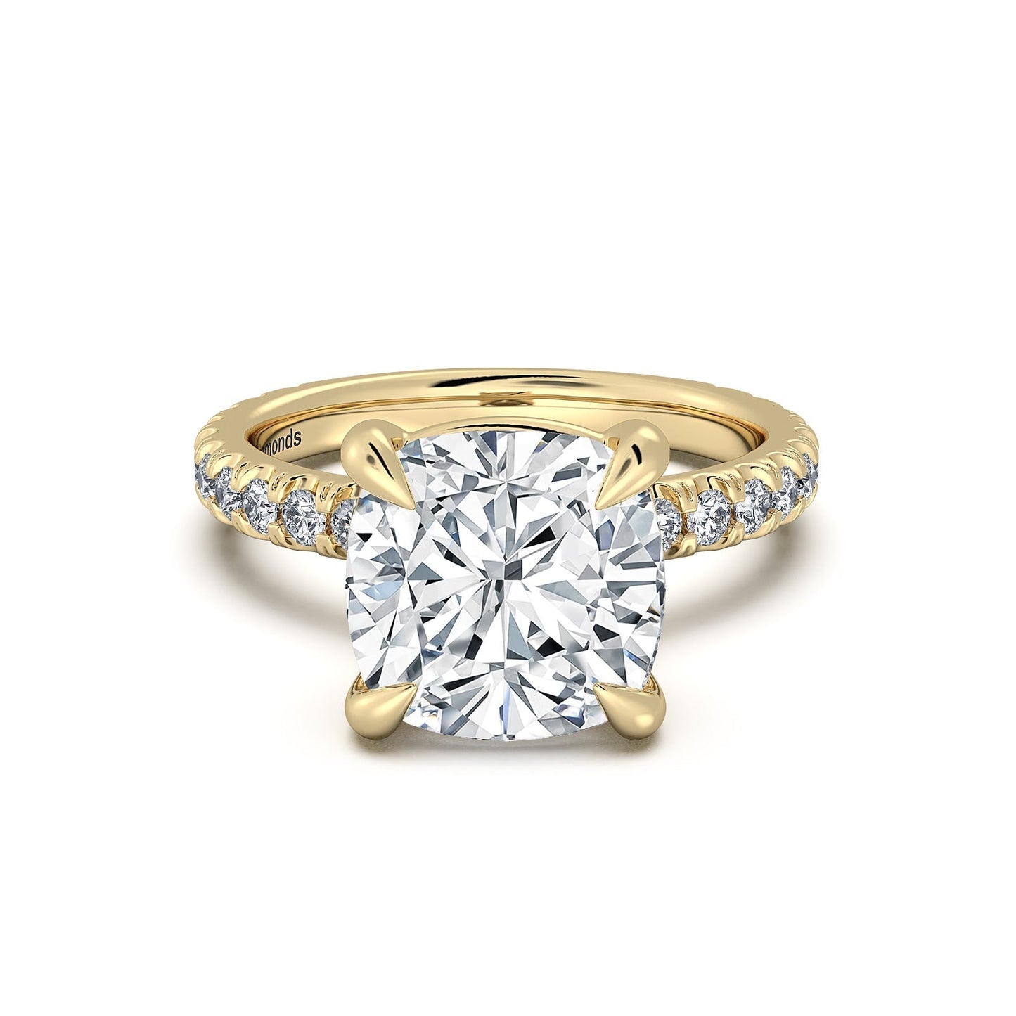 Yellow Gold Cushion Diamond Engagement Ring with Pave Band | Waco Diamonds Is Located In Waco, TX | Central Texas' #1 Engagement Ring Store With Lifetime Warranty
