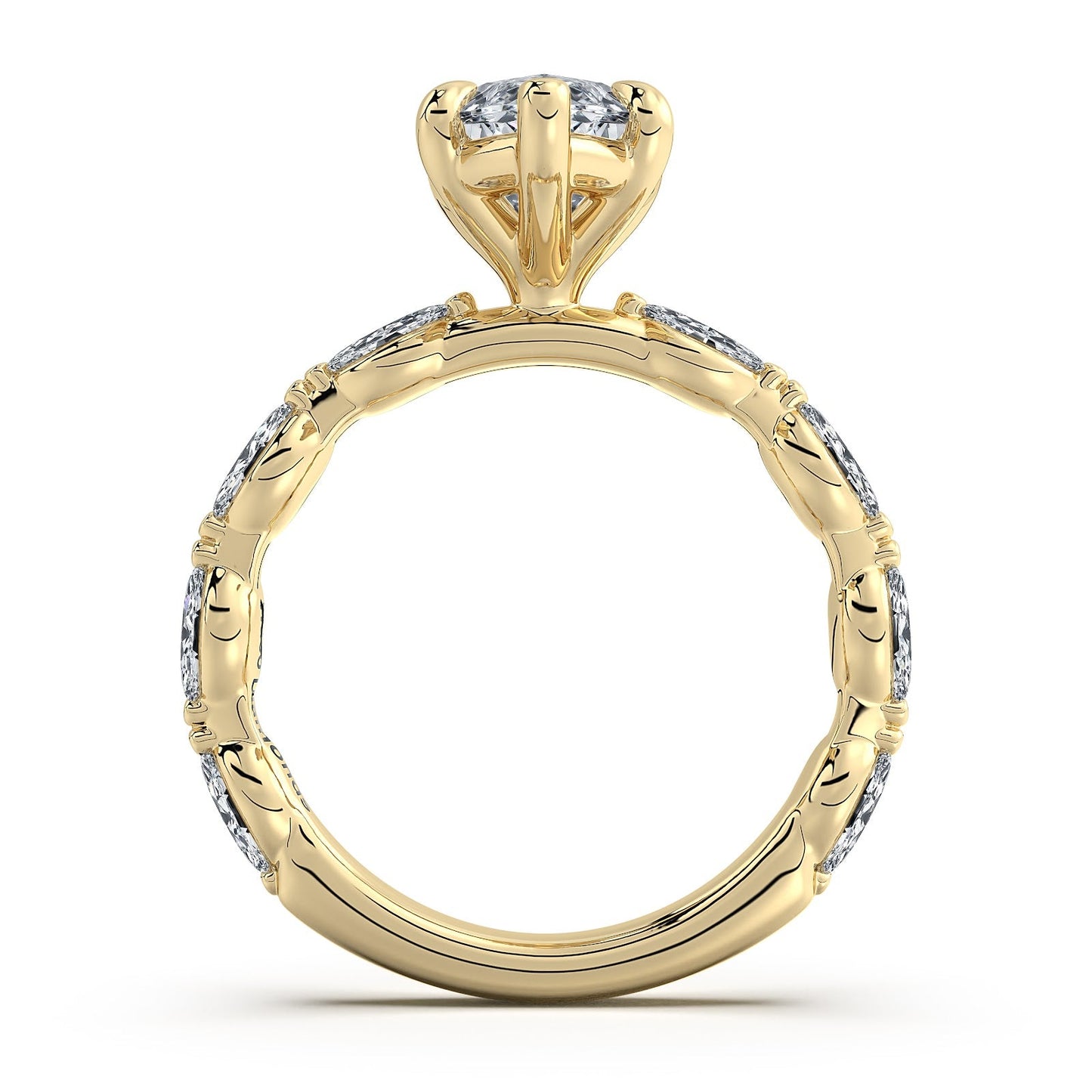 Yellow Gold Marquise Diamond Engagement Ring with Marquise Side Stone Band Profile View | Waco Diamonds Is Located In Waco, TX | Central Texas' #1 Engagement Ring Store With Lifetime Warranty