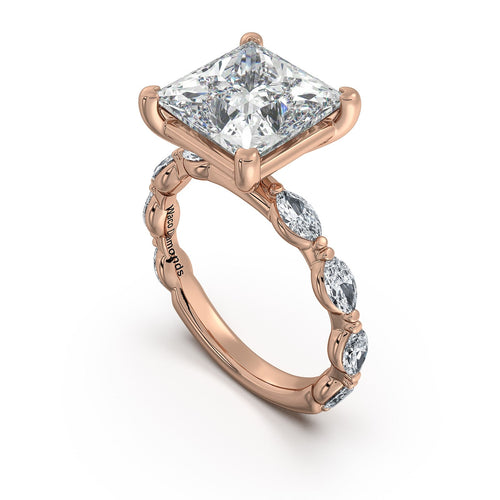 Load image 1 in gallery view. Rose Gold Princess Diamond Engagement Ring with Marquise Side Stone Band Side Profile | Waco Diamonds Is Located In Waco, TX | Central Texas' #1 Engagement Ring Store With Lifetime Warranty