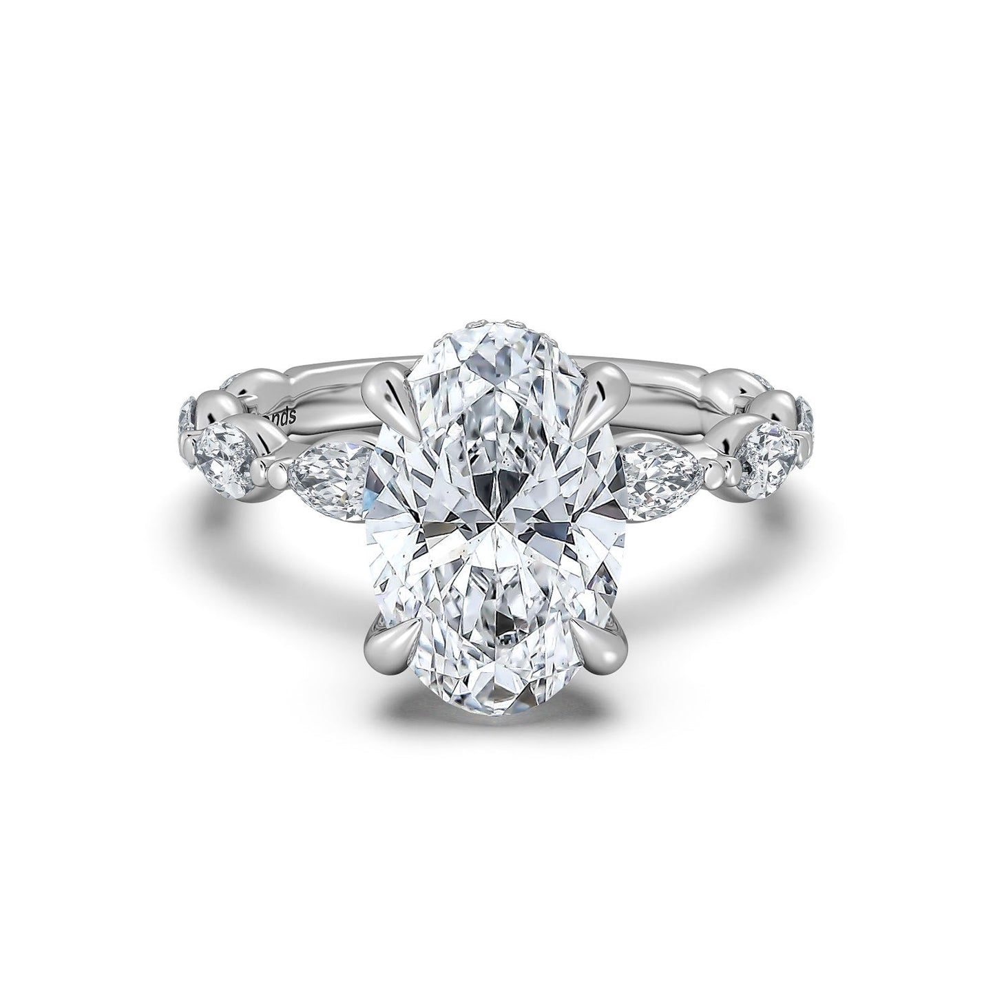 White Gold Oval Diamond Engagement Ring with Marquise Side Stone Band | Waco Diamonds Is Located In Waco, TX | Central Texas' #1 Engagement Ring Store With Lifetime Warranty