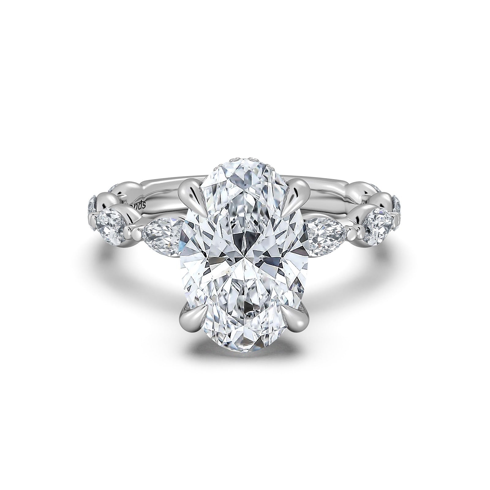 White Gold Oval Diamond Engagement Ring with Marquise Side Stone Band | Waco Diamonds Is Located In Waco, TX | Central Texas' #1 Engagement Ring Store With Lifetime Warranty