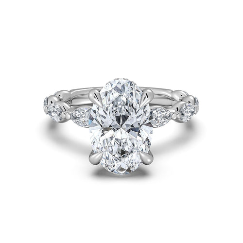 Load image 1 in gallery view. White Gold Oval Diamond Engagement Ring with Marquise Side Stone Band | Waco Diamonds Is Located In Waco, TX | Central Texas' #1 Engagement Ring Store With Lifetime Warranty