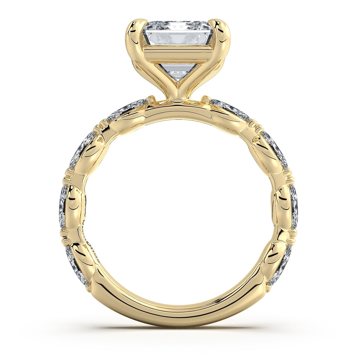 Yellow Gold Emerald Diamond Engagement Ring with Marquise Side Stone Band Profile View | Waco Diamonds Is Located In Waco, TX | Central Texas' #1 Engagement Ring Store With Lifetime Warranty