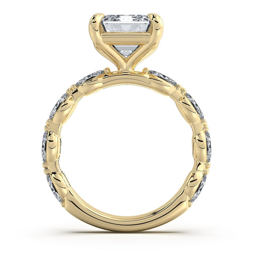 Load image 1 in gallery view. Yellow Gold Emerald Diamond Engagement Ring with Marquise Side Stone Band Profile View | Waco Diamonds Is Located In Waco, TX | Central Texas' #1 Engagement Ring Store With Lifetime Warranty
