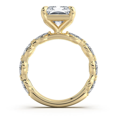 Load image 1 in gallery view. Yellow Gold Radiant Diamond Engagement Ring with Marquise Side Stone Band Profile View | Waco Diamonds Is Located In Waco, TX | Central Texas' #1 Engagement Ring Store With Lifetime Warranty