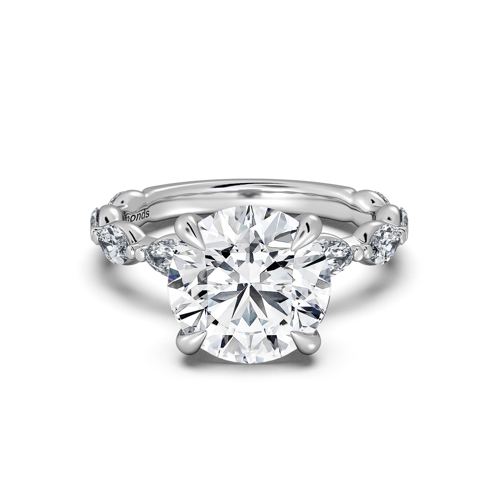 White Gold Round Diamond Engagement Ring with Marquise Side Stone Band | Waco Diamonds Is Located In Waco, TX | Central Texas' #1 Engagement Ring Store With Lifetime Warranty