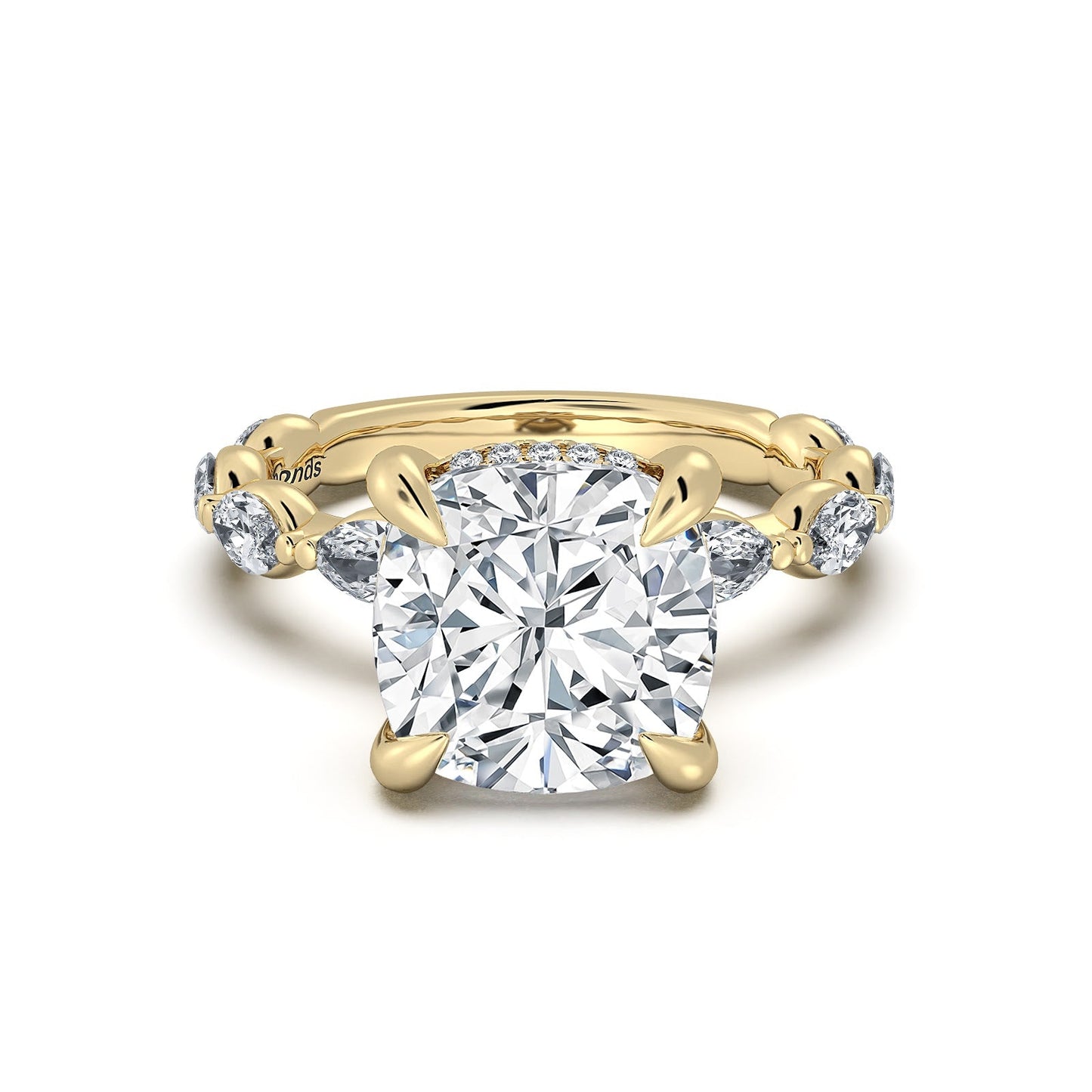 Yellow Gold Cushion Diamond Engagement Ring with Marquise Side Stone Band | Waco Diamonds Is Located In Waco, TX | Central Texas' #1 Engagement Ring Store With Lifetime Warranty