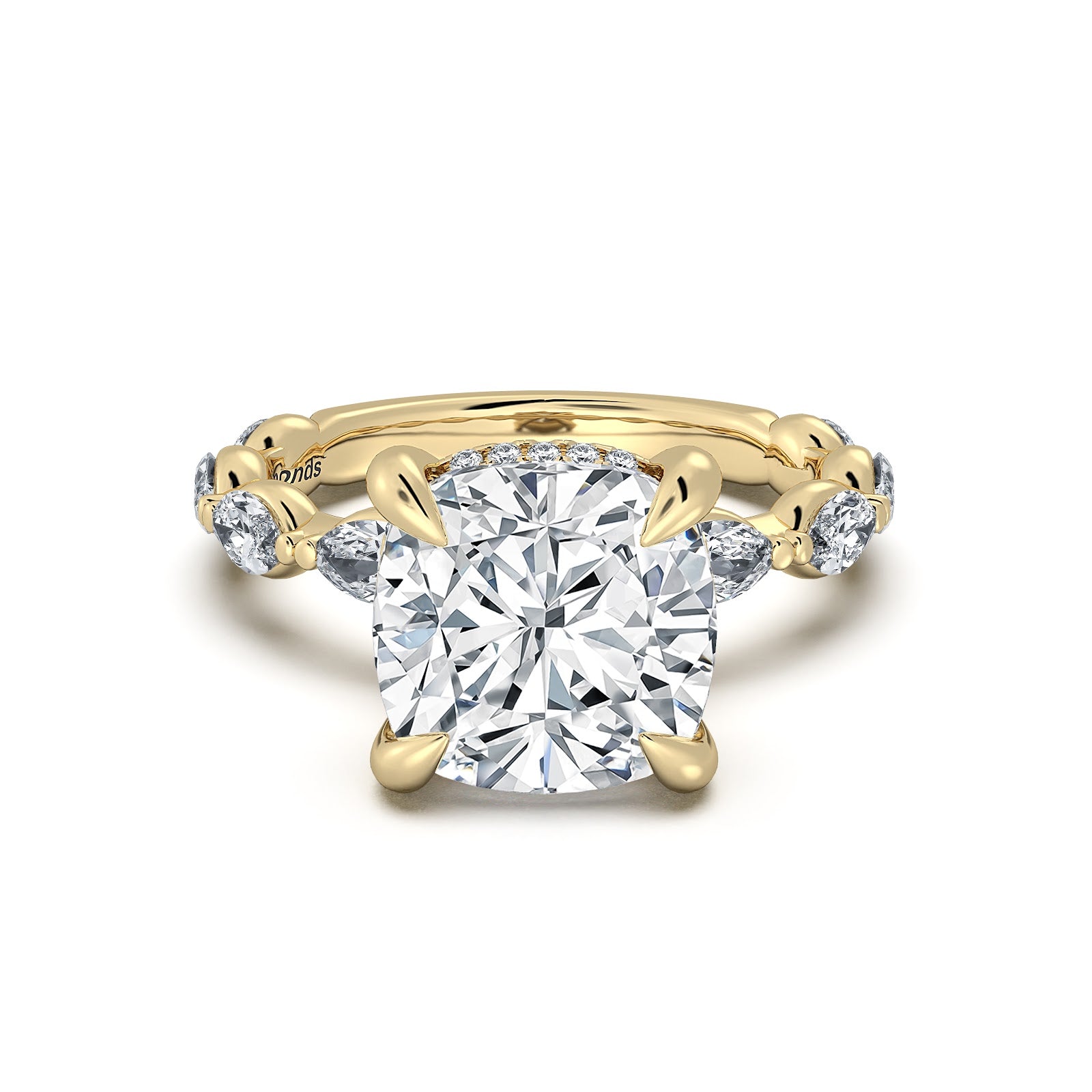 Yellow Gold Cushion Diamond Engagement Ring with Marquise Side Stone Band | Waco Diamonds Is Located In Waco, TX | Central Texas' #1 Engagement Ring Store With Lifetime Warranty