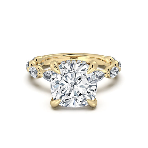 Load image 1 in gallery view. Yellow Gold Cushion Diamond Engagement Ring with Marquise Side Stone Band | Waco Diamonds Is Located In Waco, TX | Central Texas' #1 Engagement Ring Store With Lifetime Warranty