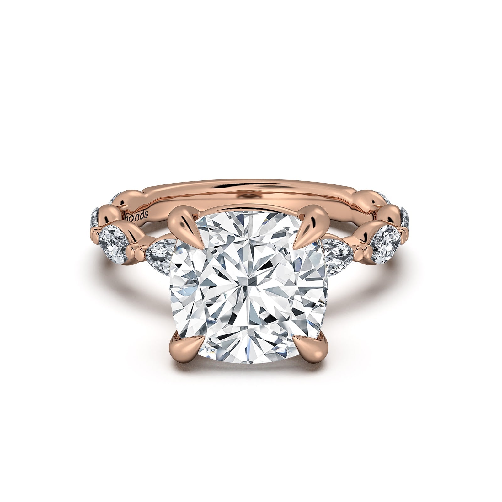 Rose Gold Cushion Diamond Engagement Ring with Marquise Side Stone Band | Waco Diamonds Is Located In Waco, TX | Central Texas' #1 Engagement Ring Store With Lifetime Warranty