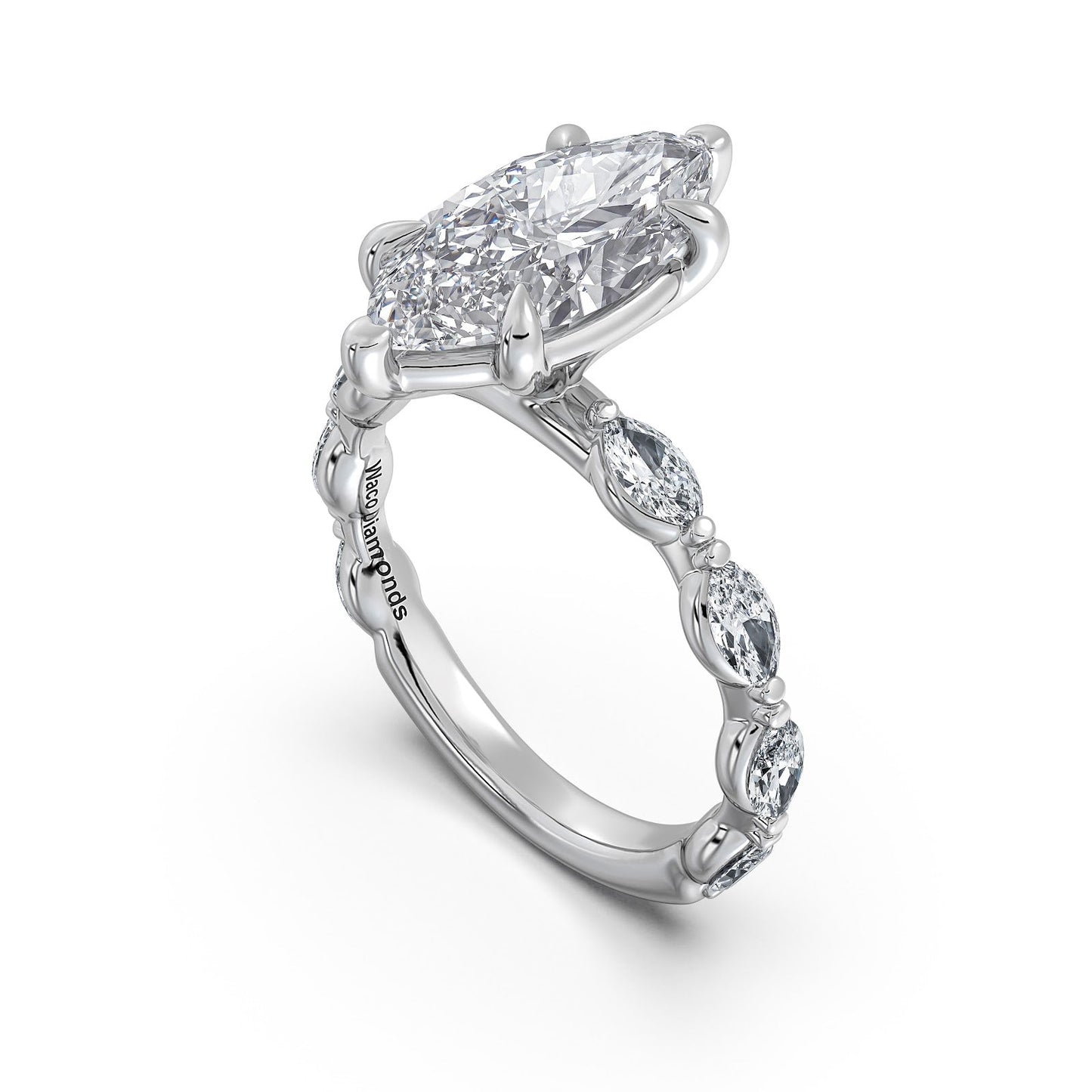 White Gold Marquise Diamond Engagement Ring with Marquise Side Stone Band Side Profile | Waco Diamonds Is Located In Waco, TX | Central Texas' #1 Engagement Ring Store With Lifetime Warranty