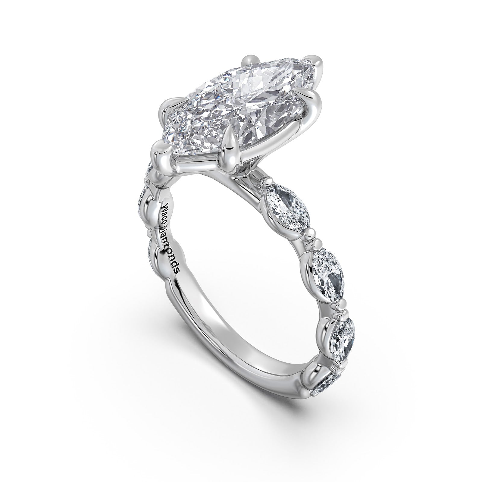 White Gold Marquise Diamond Engagement Ring with Marquise Side Stone Band Side Profile | Waco Diamonds Is Located In Waco, TX | Central Texas' #1 Engagement Ring Store With Lifetime Warranty