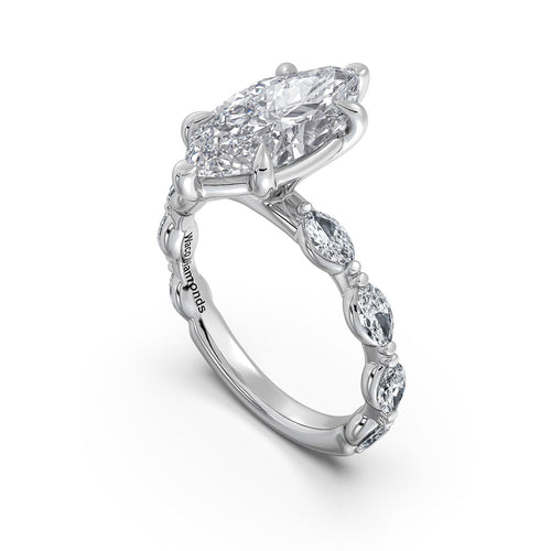 Load image 1 in gallery view. White Gold Marquise Diamond Engagement Ring with Marquise Side Stone Band Side Profile | Waco Diamonds Is Located In Waco, TX | Central Texas' #1 Engagement Ring Store With Lifetime Warranty