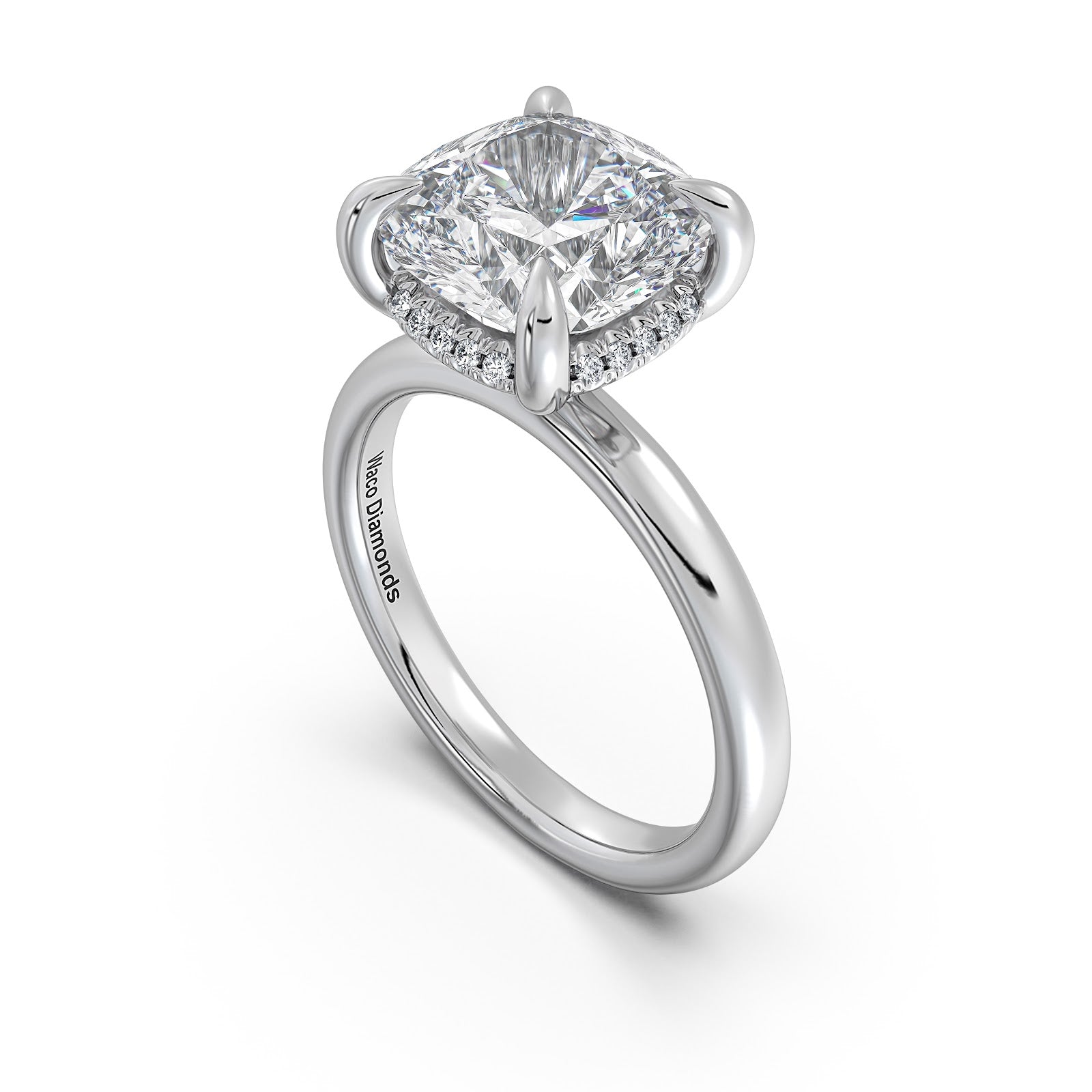 White Gold Cushion Diamond Engagement Ring with Solitaire Band Side Profile | Waco Diamonds Is Located In Waco, TX | Central Texas' #1 Engagement Ring Store With Lifetime Warranty