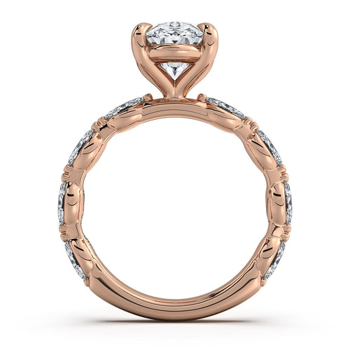 Load image 1 in gallery view. Rose Gold Oval Diamond Engagement Ring with Marquise Side Stone Band Profile View | Waco Diamonds Is Located In Waco, TX | Central Texas' #1 Engagement Ring Store With Lifetime Warranty