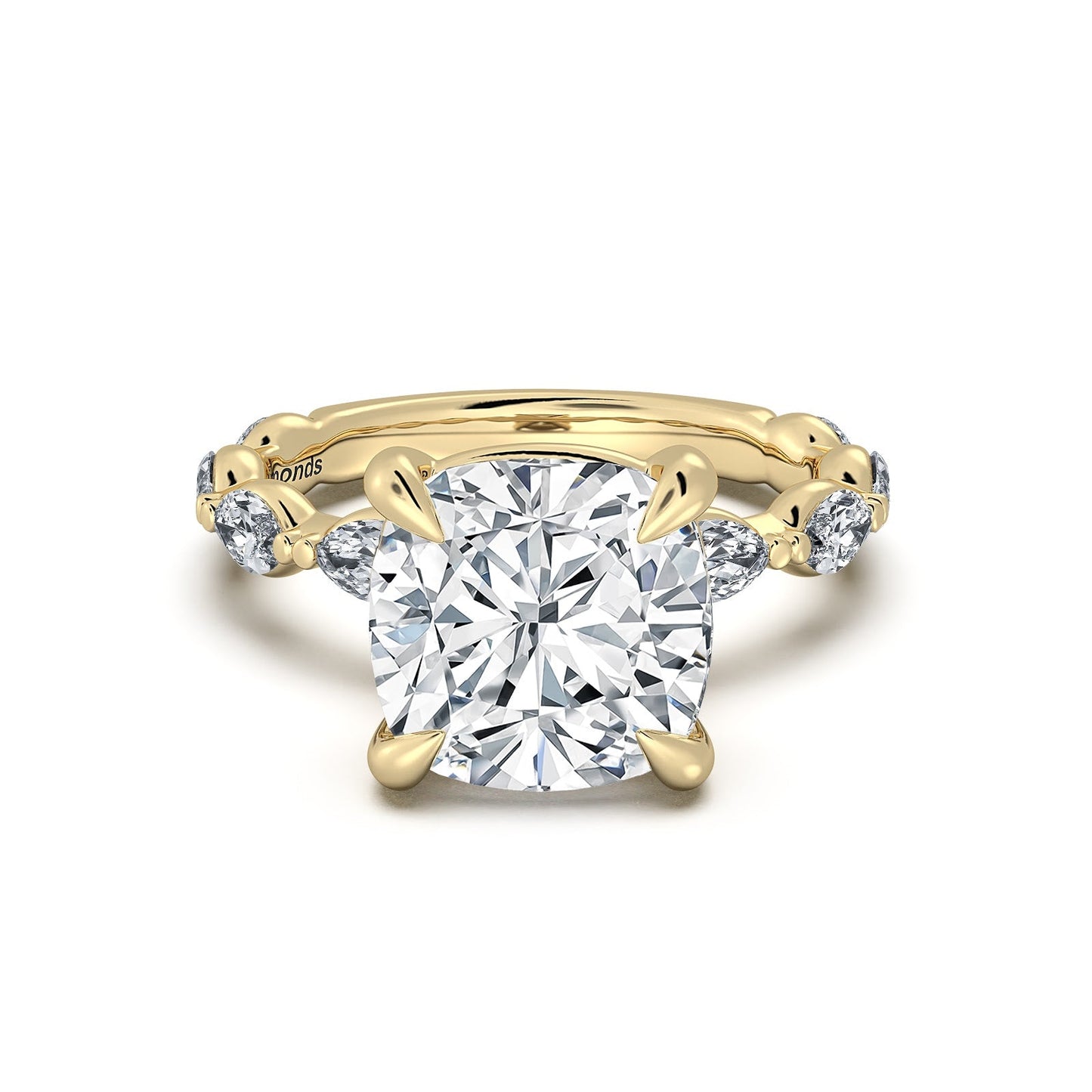Yellow Gold Cushion Diamond Engagement Ring with Marquise Side Stone Band | Waco Diamonds Is Located In Waco, TX | Central Texas' #1 Engagement Ring Store With Lifetime Warranty